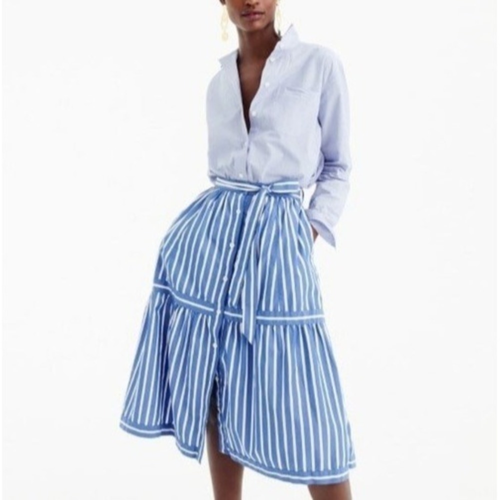 J. Crew Striped Midi Skirt Blue White Button Size 8 Preppy Coastal Brunch Summer
